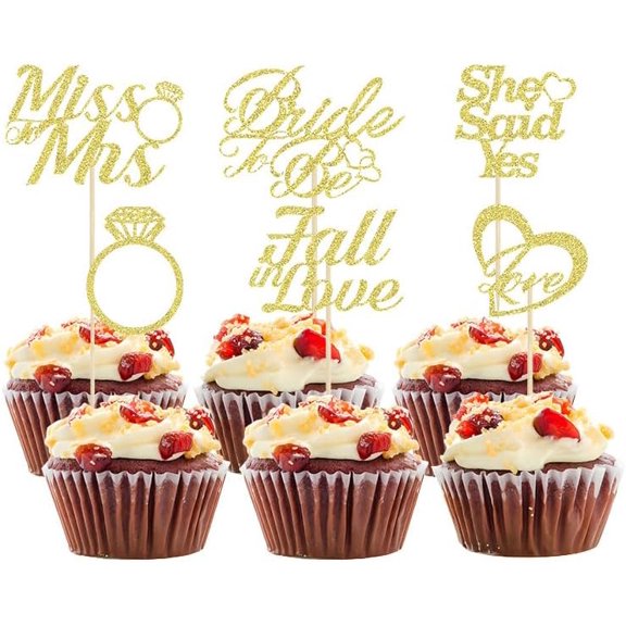 12pcs He Asked She Said Yes Cupcake Toppers Gold Glitter Miss to Mrs I Heart Ring Miss to Mrs for Wedding Bride to be Engagement Party Cake Decorations Supplies