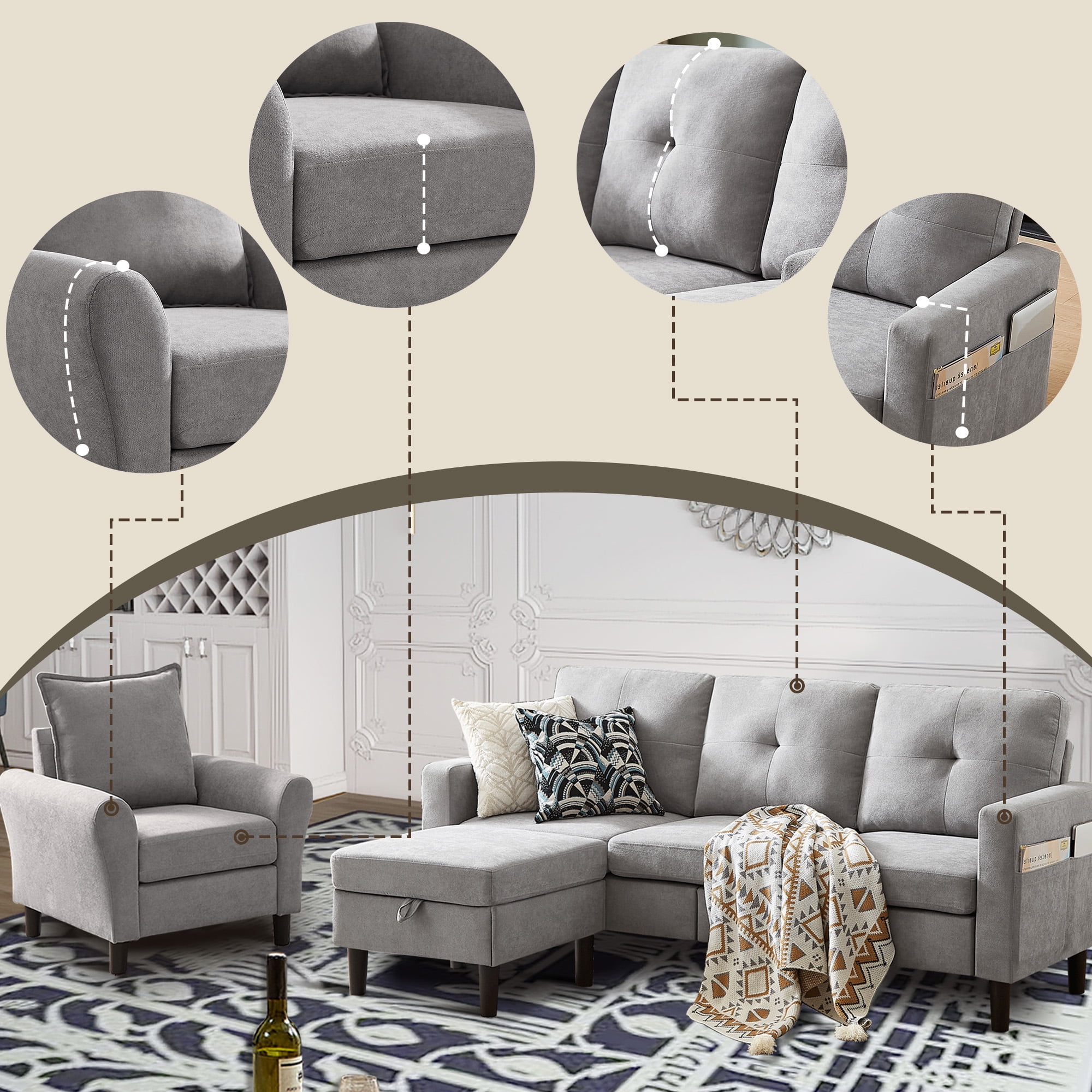 79" Convertible Sectional Sofa Set, Modern Linen Small L Shaped Couch with Reversible Chaise and Loveseat Sofa, 3-Seat Sofa Couches for Living Room, Office, Apartment, Lightgrey