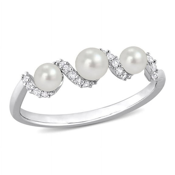 AMOUR Cultured Freshwater Pearl and 1/4 CT TGW Created White Sapphire Swirl Ring In Sterling Silver