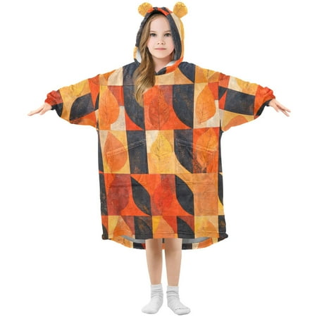 

joogoo Wearable Blanket Hoodie for Kids Autumn Leave Checkered Pattern Flannel Oversized Sweatshirt 3-14 Years S