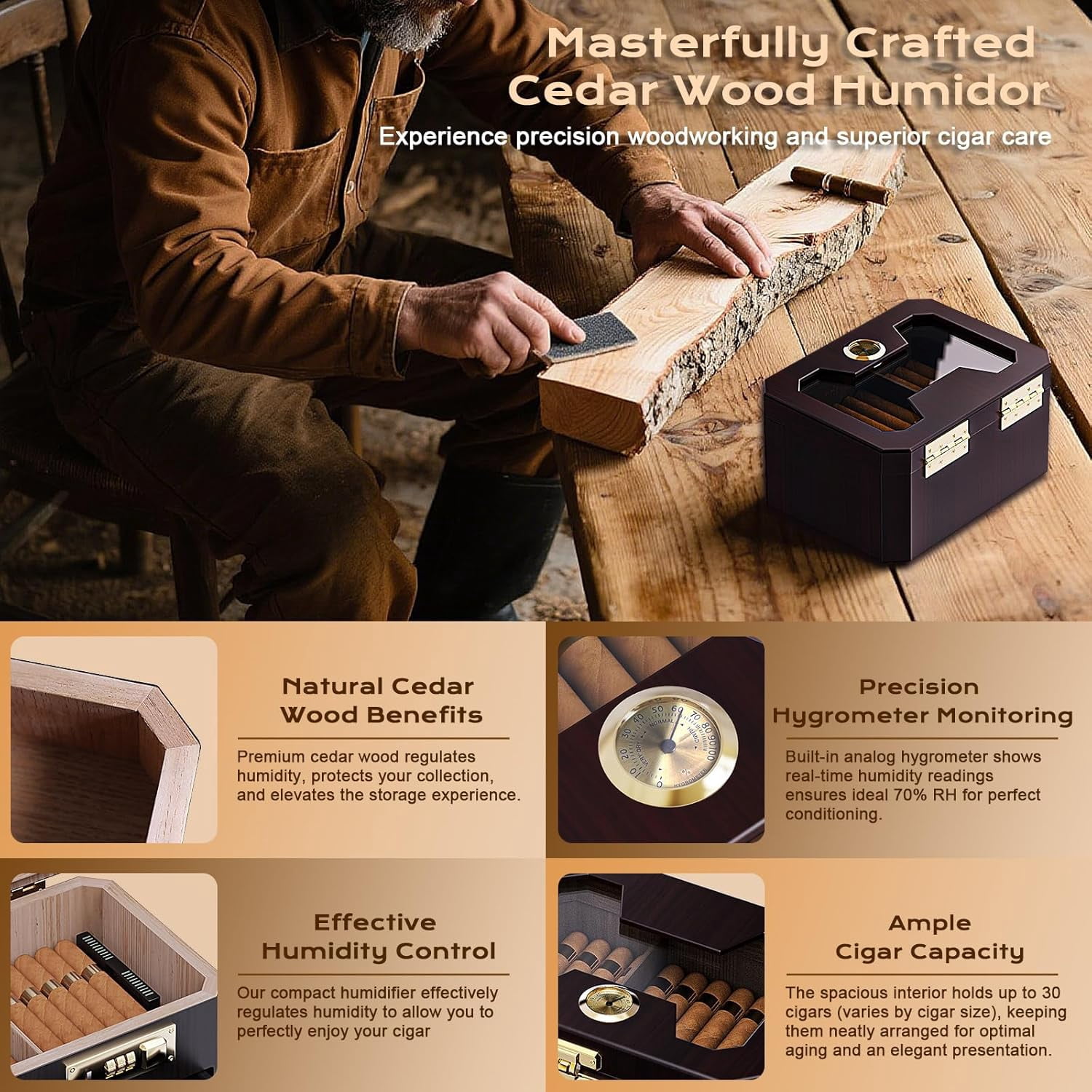 Premium Cedar Wood Cigar Humidor Box with Glass Top, Combination Lock, Hygrometer & Complete Accessories Kit for Men