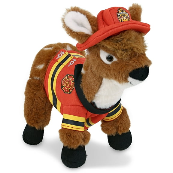 DolliBu Standing Deer Firefighter Stuffed Animal - Super Soft Deer Fireman Toy with Red Fireman Costume Outfit and Fireman Hat, Wild Life Stuffed Animal Fire Fighter Doll Plush Toy for Kids - 10 Inch