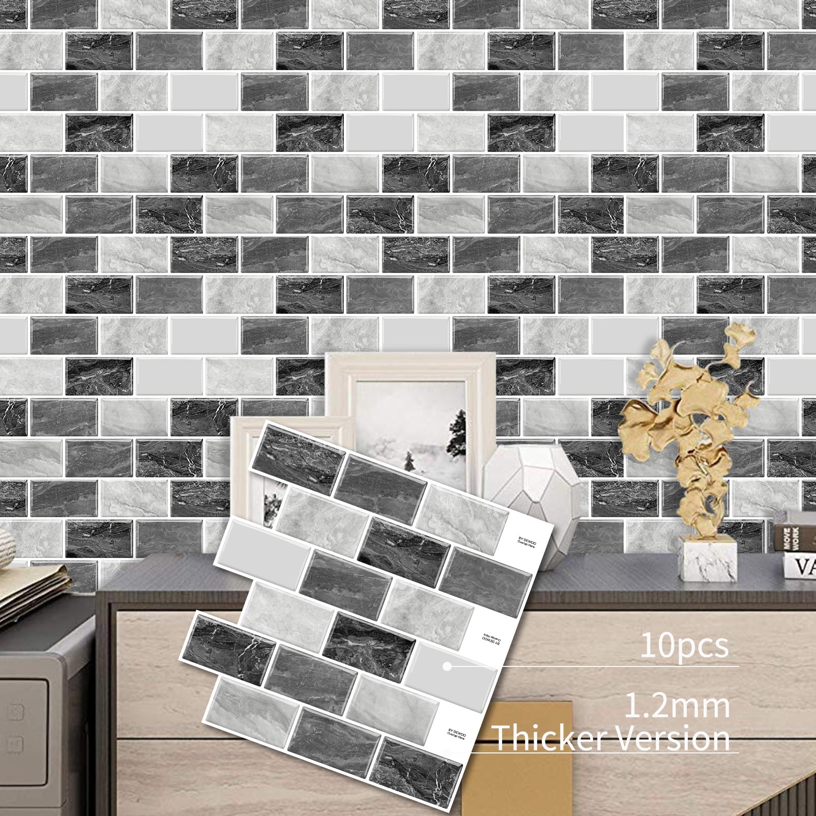DEWOO Peel and Stick Backsplash - 10 Sheets of 12"×12" - 3D Adhesive Peel and Stick Tile Backsplash for Kitchen, Bathroom, Wall Tile, Black Gray