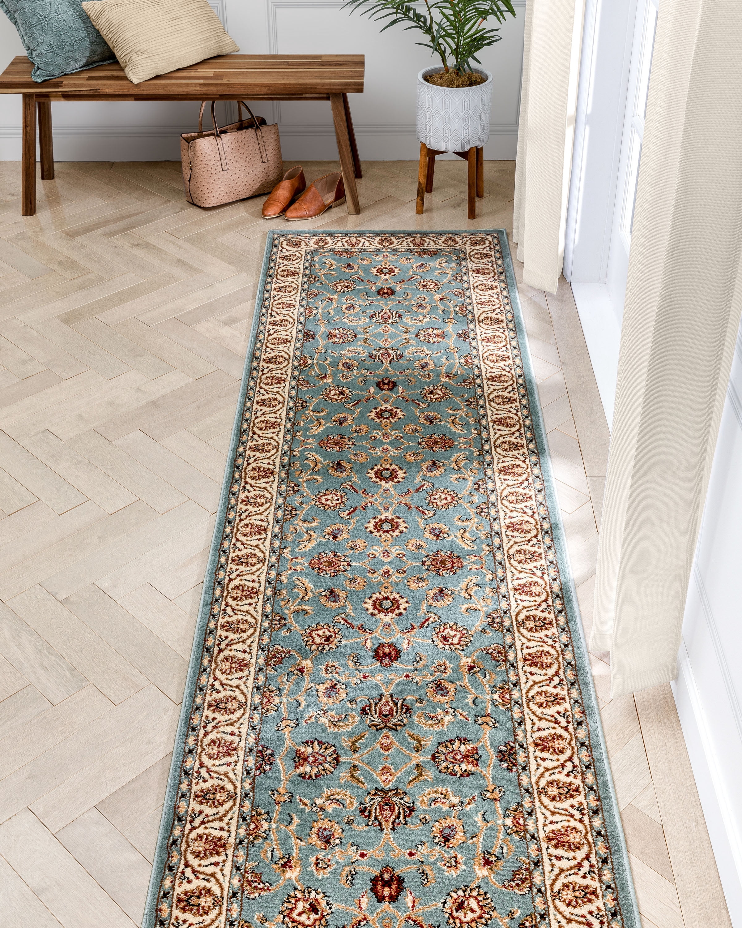 Well Woven Barclay Sarouk Traditional Oriental Panel Light Blue 2'7" x 9'6" Runner Rug
