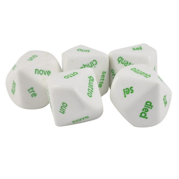 Set of 5 - 10 Sided Italian Word Numbers Dice 1 to 10 White & Green in Snow Organza Bag