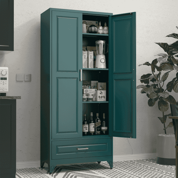 Polup 75" H Green Kitchen Pantry Storage Cabinets with Drawers, Doors and Adjustable Shelves, Steel Large Cupboard