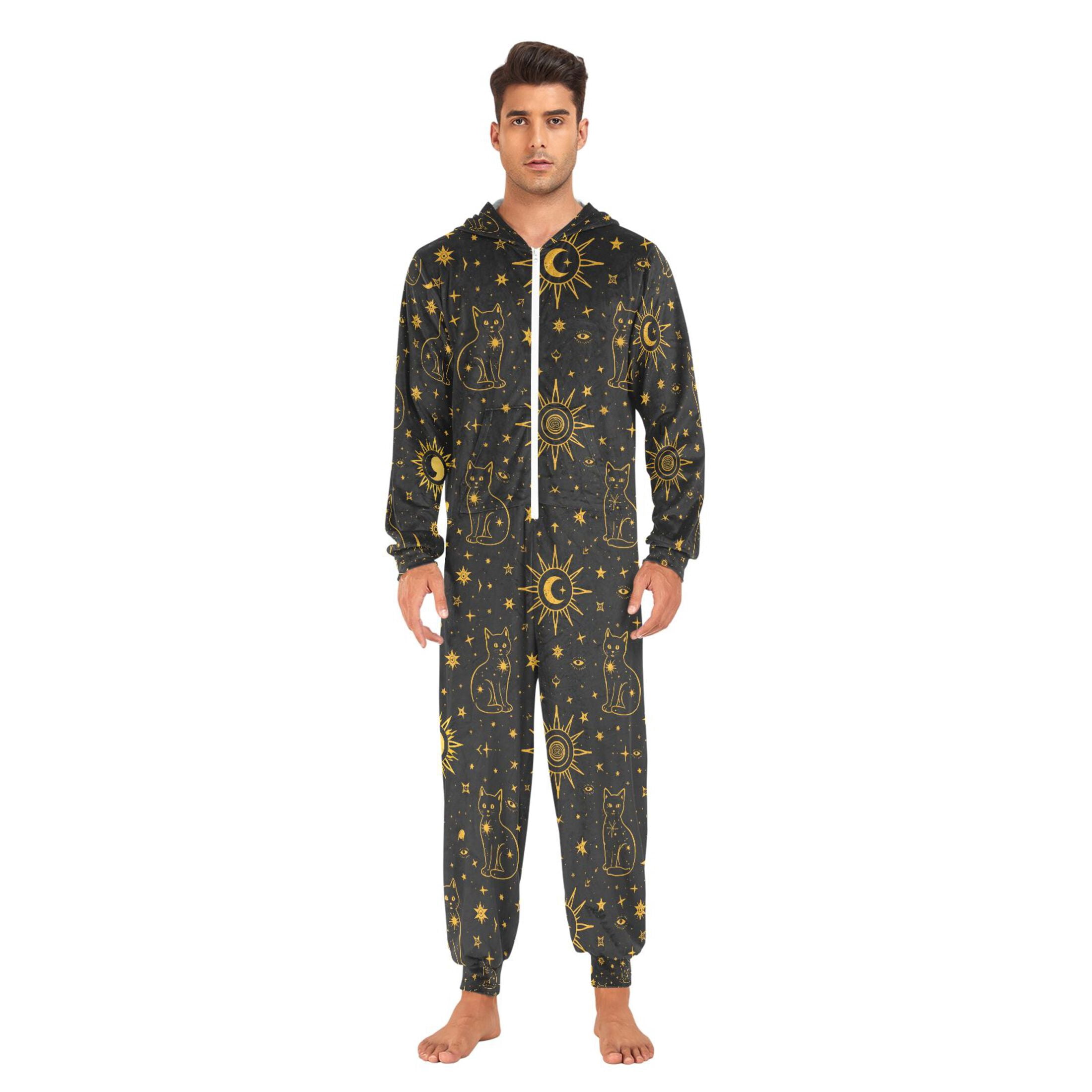 Adult Christmas Onesie Golden Edged Cat Adult Zipper One-Piece Pajamas Unisex Pajamas with Pockets