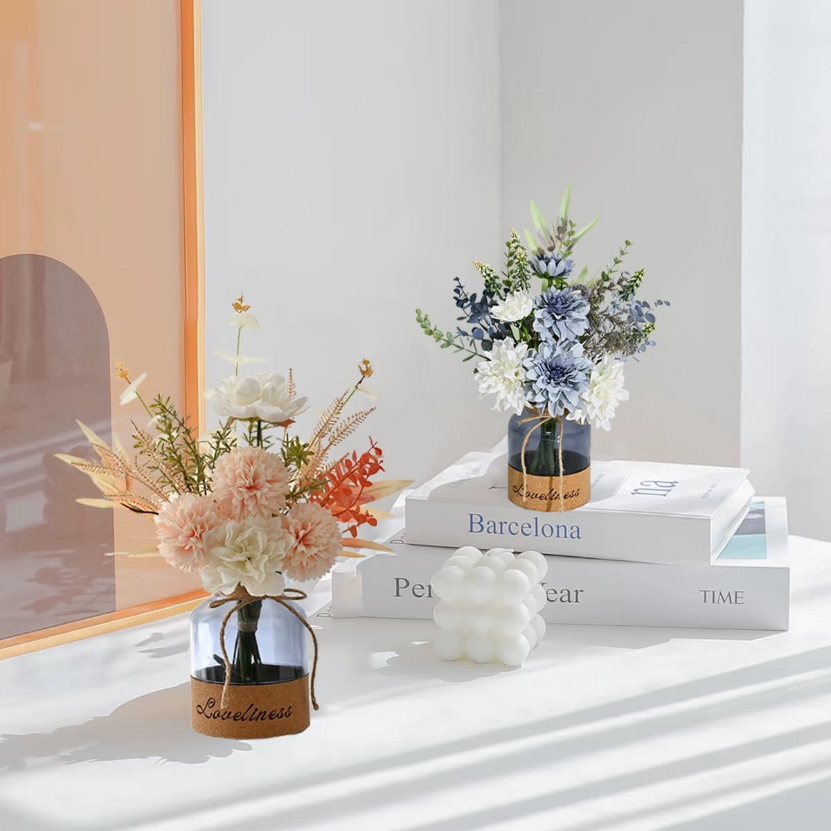 Floral Arrangement with White and Blue Flowers in Glass Vase, Faux Flowers Plants Decor Suitable for Home Office Table Decorations, Dining Table Bathroom Kitchen Decor
