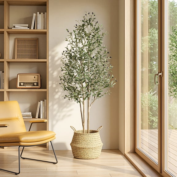 Alupssuc Olive Trees Artificial Indoor, 6FT Tall Faux Olive Tree, Artificial Plants with Natural Wood Trunk & Lifelike Fruits for Home Office Decor