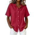 thumbnail image 4 of Women's Casual Short Sleeve Collar Hoodie Blouse, Solid Color Imitation Linen Top, 4 of 6