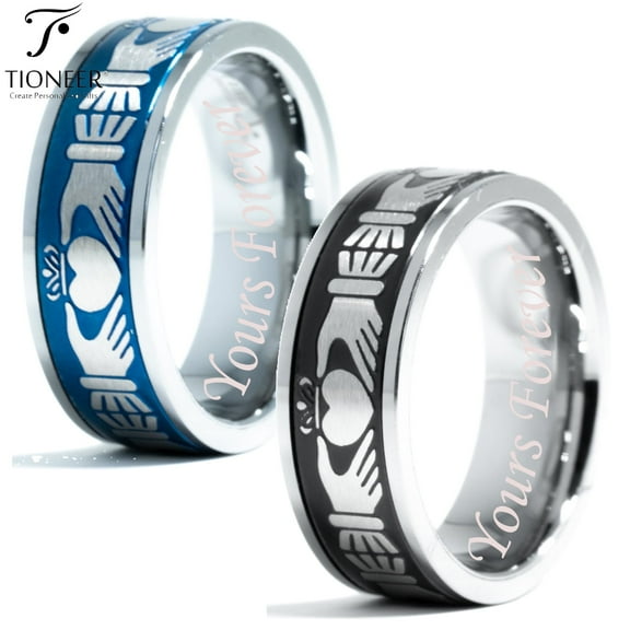 Tioneer Tungsten Carbide Wedding Band Ring Irish Claddagh Celtic Knot Mens Womens 8mm Yours Forever Engraved