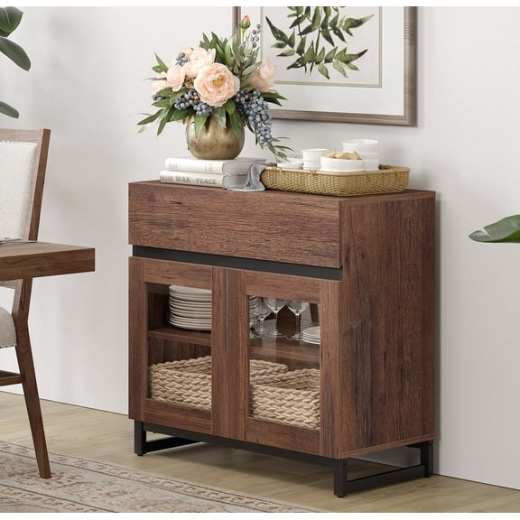 WAMPAT Sideboard Buffet Cabinet with Glass Doors and Drawer, Modern Credenza with Adjustable Shelf, Coffee Bar Storage Cabinet for Living Room and Kitchen, Brown