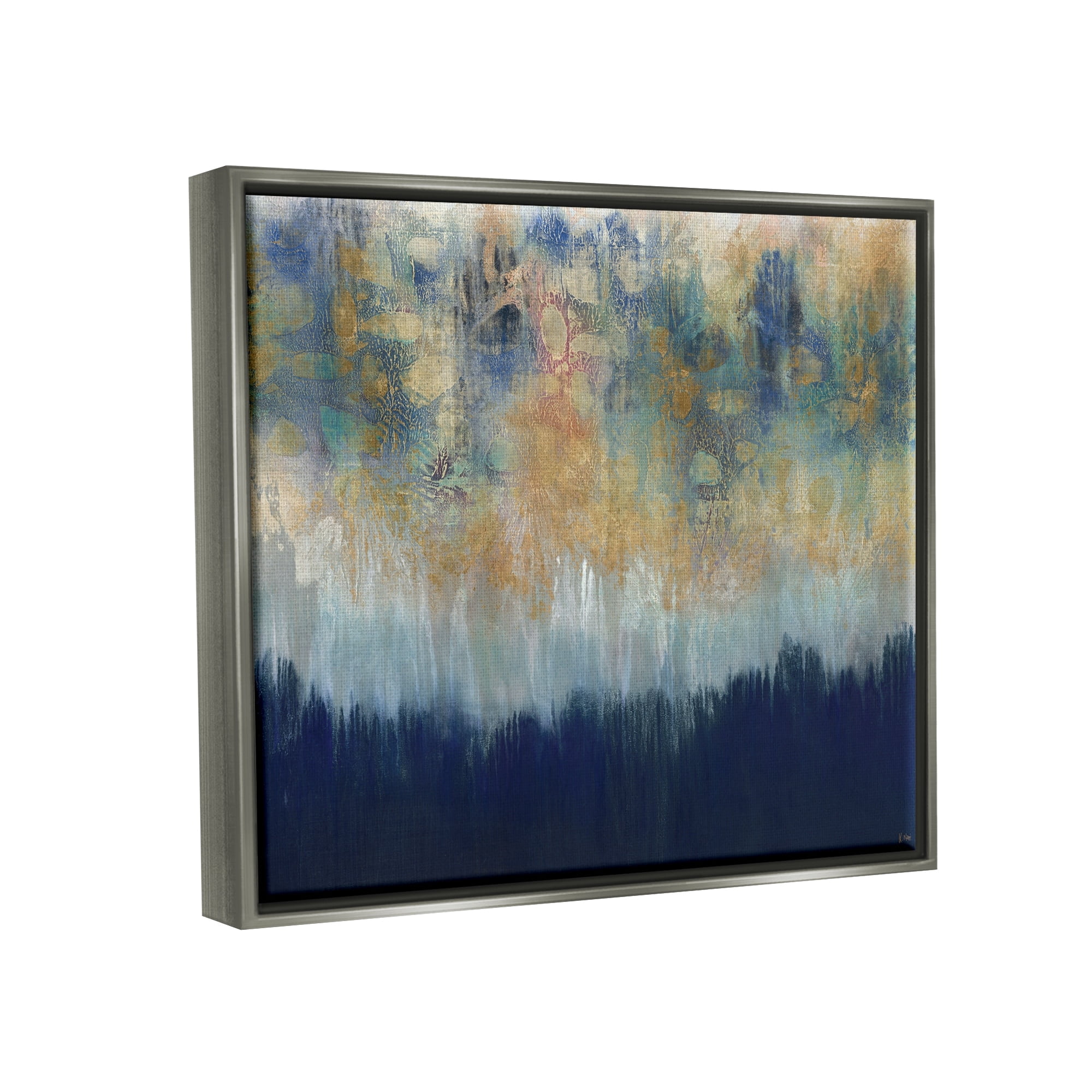 Stupell Industries Abstract Gold Blue Textured Surface Painting Luster Gray Framed Floating Canvas Wall Art, 16x20, by Third and Wall