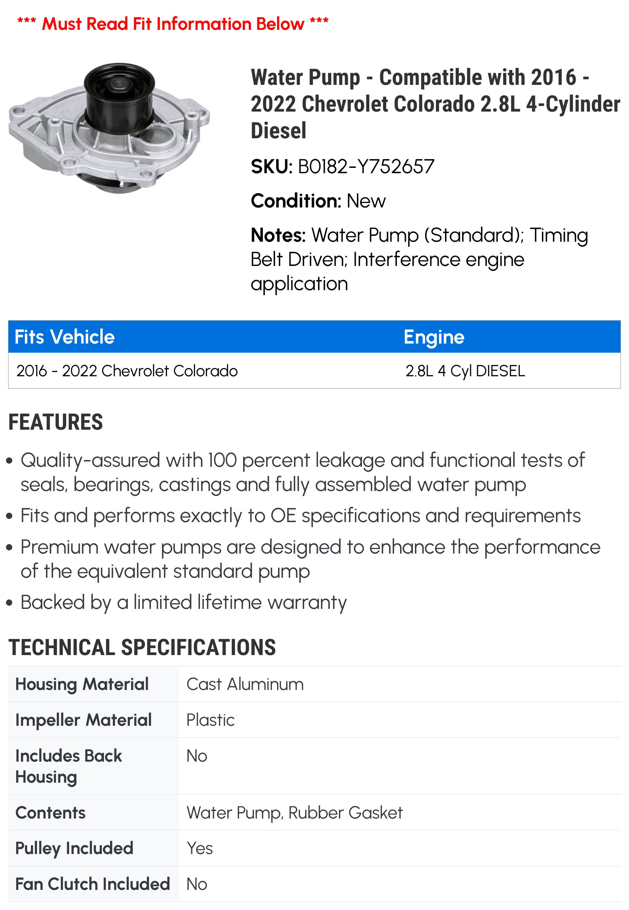 Water Pump - Compatible with 2016 - 2022 Chevy Colorado 2.8L 4-Cylinder Diesel 2017 2018 2019 2020 2021