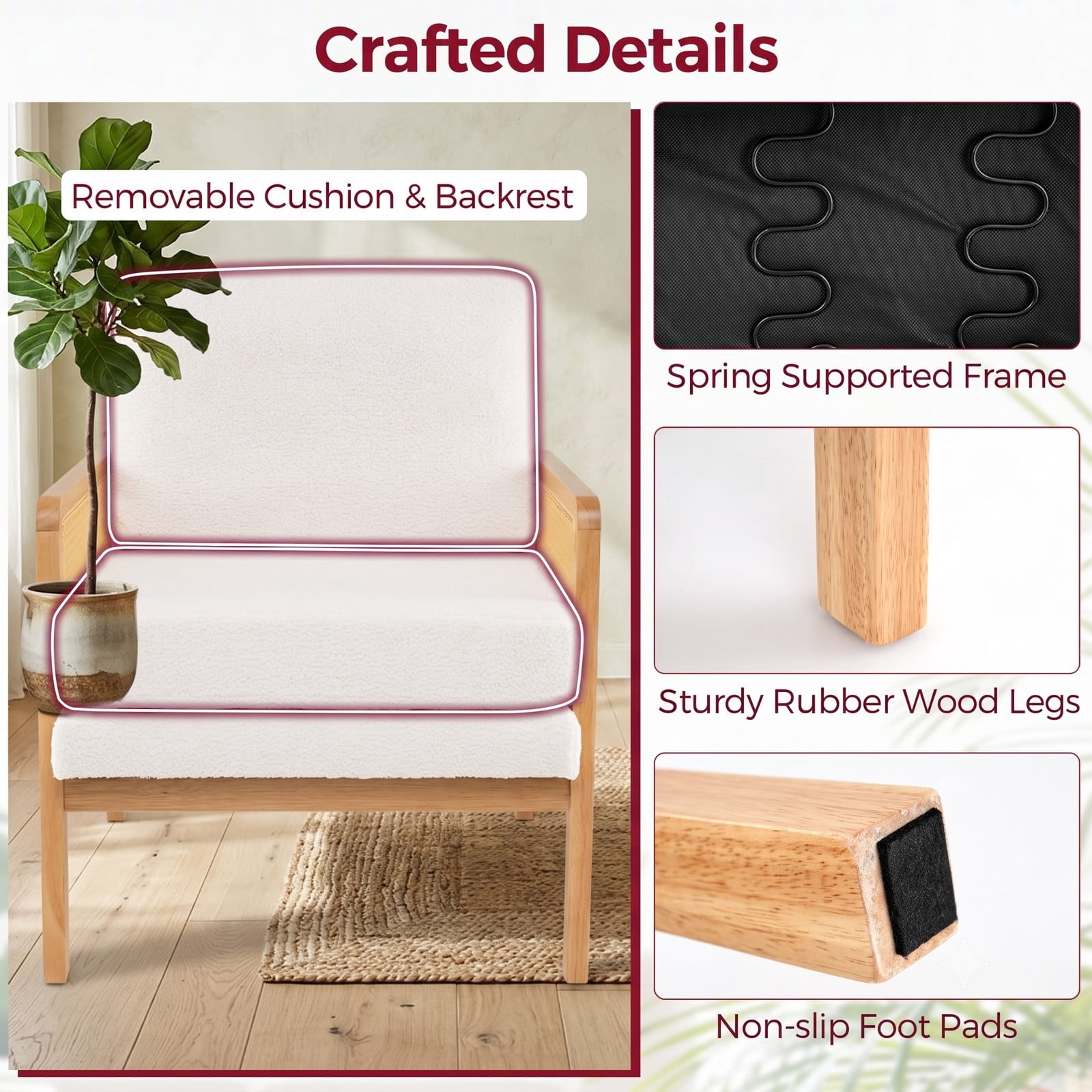 Furnibear Mid Century Modern Accent Chair with PE Rattan Arms, Sherpa Fabric Upholstered Armchair with Removable Cushion and Backrest Pillow for, Natural Brown & Beige