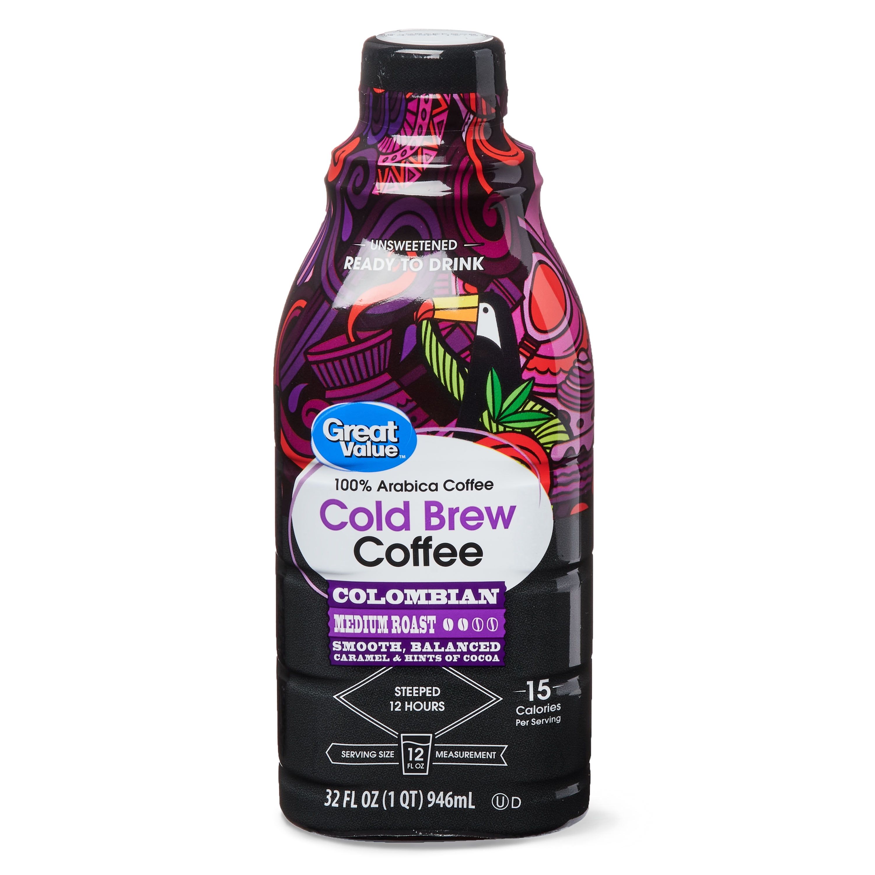 Great Value Unsweetened Ready to Drink Colombian Cold Brew Coffee, Medium Roast, 32 fl oz Bottle