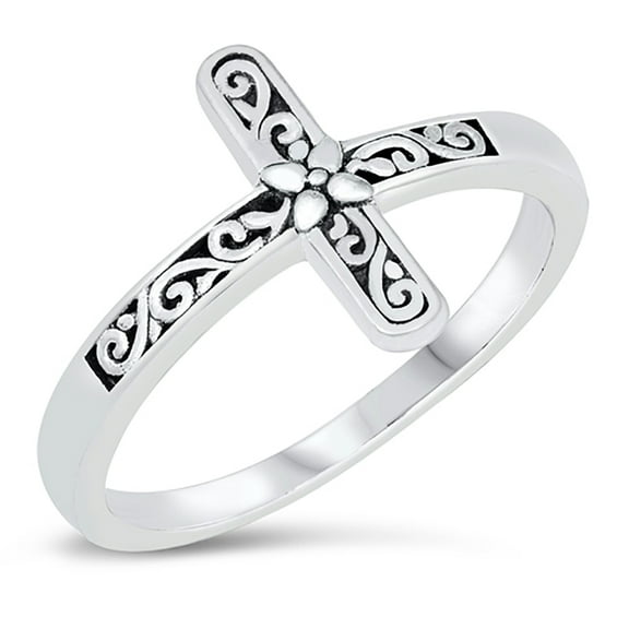 Sterling Silver Floral Filigree Cross Ring Size 4