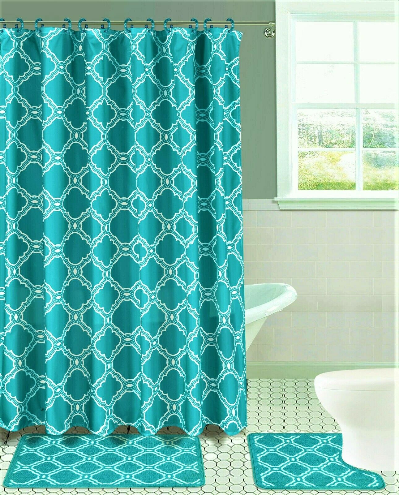 ELEGANT 4PC SET BATHROOM TRELLIS MOROCCO HONEY PATTERN TEAL RUG SOFTY