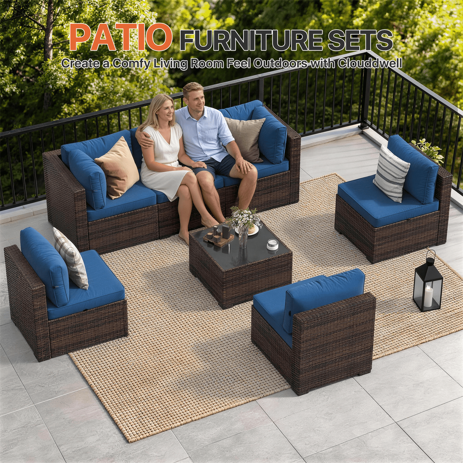 Dateyes 7-Piece Outdoor Patio Sectional Sofa Set, All-Weather Wicker Rattan Furniture with Coffee Table & Waterproof Cover (Blue)