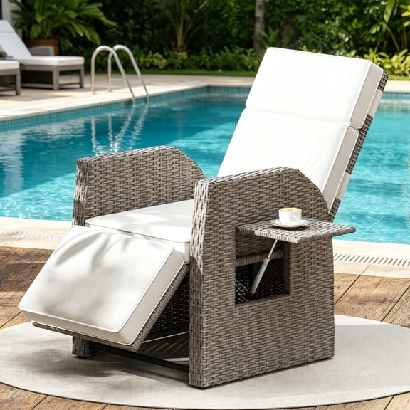 Uforic Wicker Outdoor Recliner Chair, 150° Recline, Adjustable Footrest, Flip Side Table, 2.8 Inch Cushion, Beige for Patio Pool Backyard