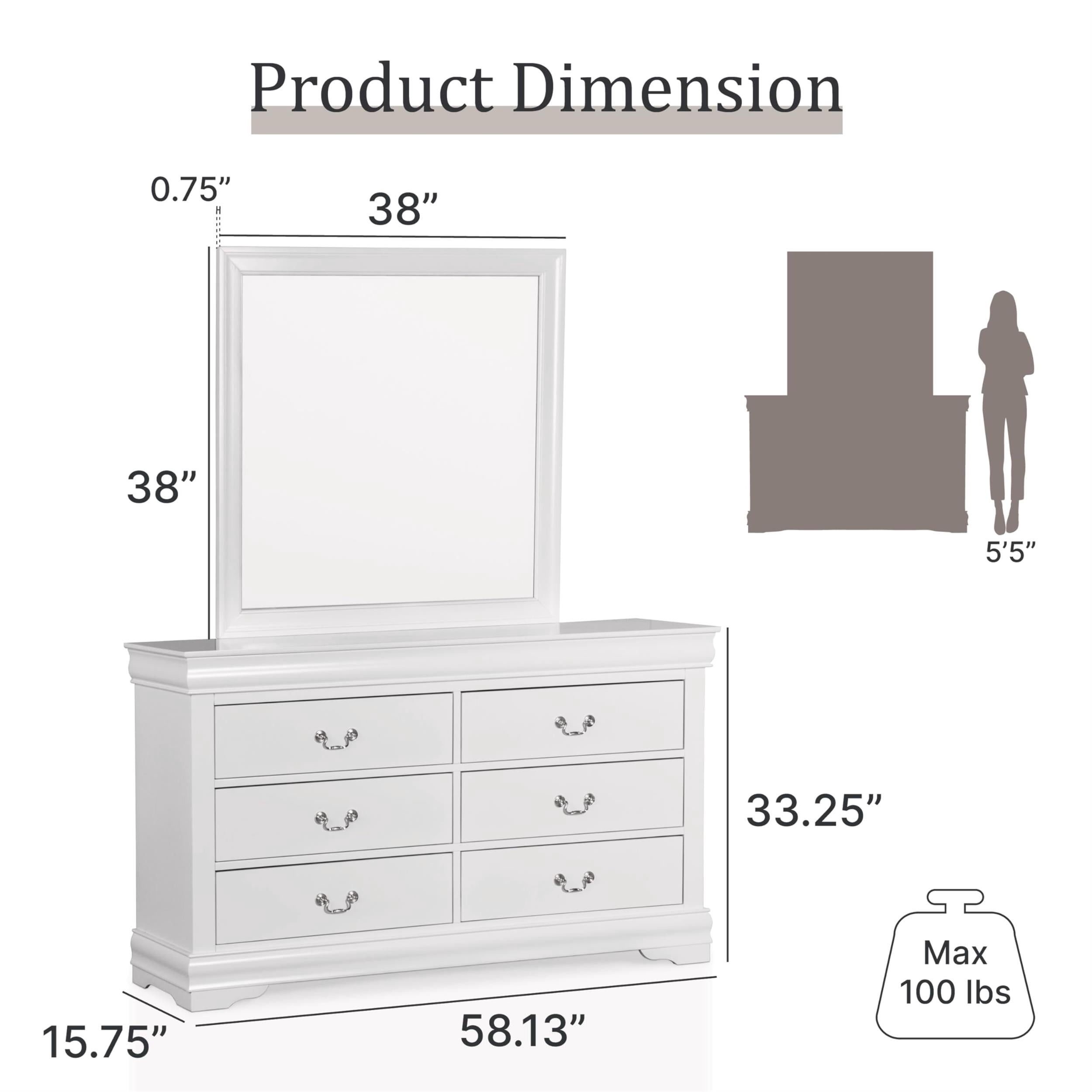 Furniture of America Toni Wood 6-Drawer Dresser with Mirror in White