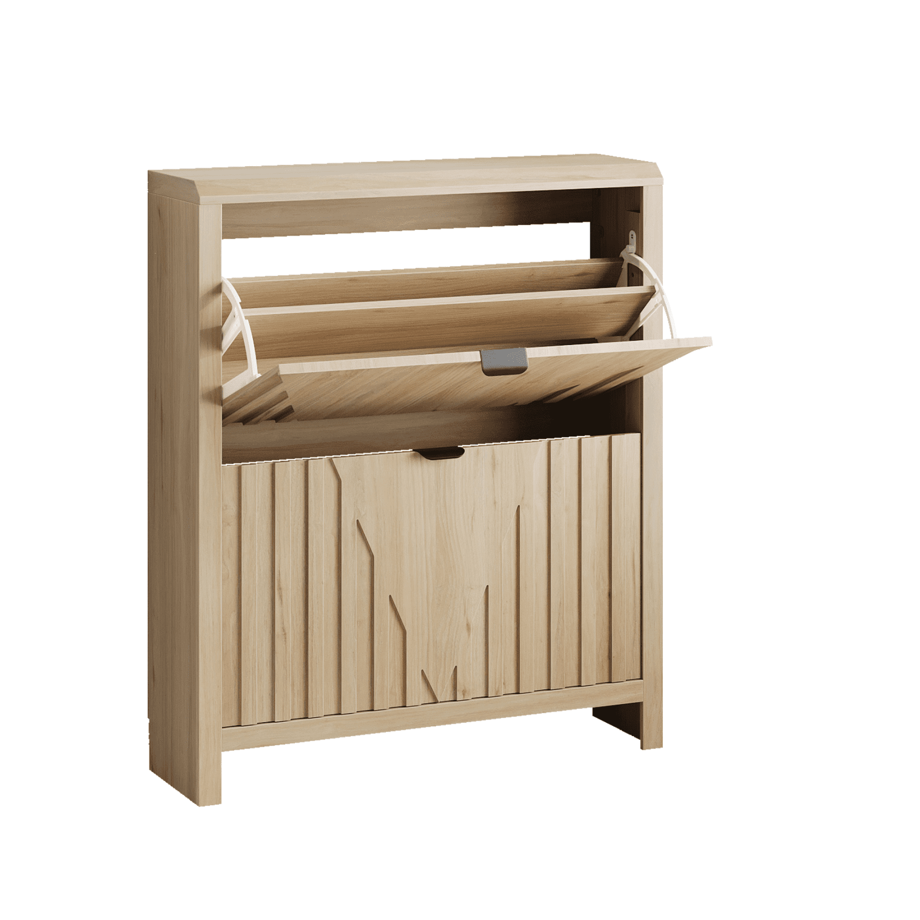 Leumius Shoe Cabinet Storage with 2 Flip Drawers,Wood Shoe Cabinet with Vertical Carved Panels,Freestanding Shoe Storage Cabinet for Entryway Hallway,Oak