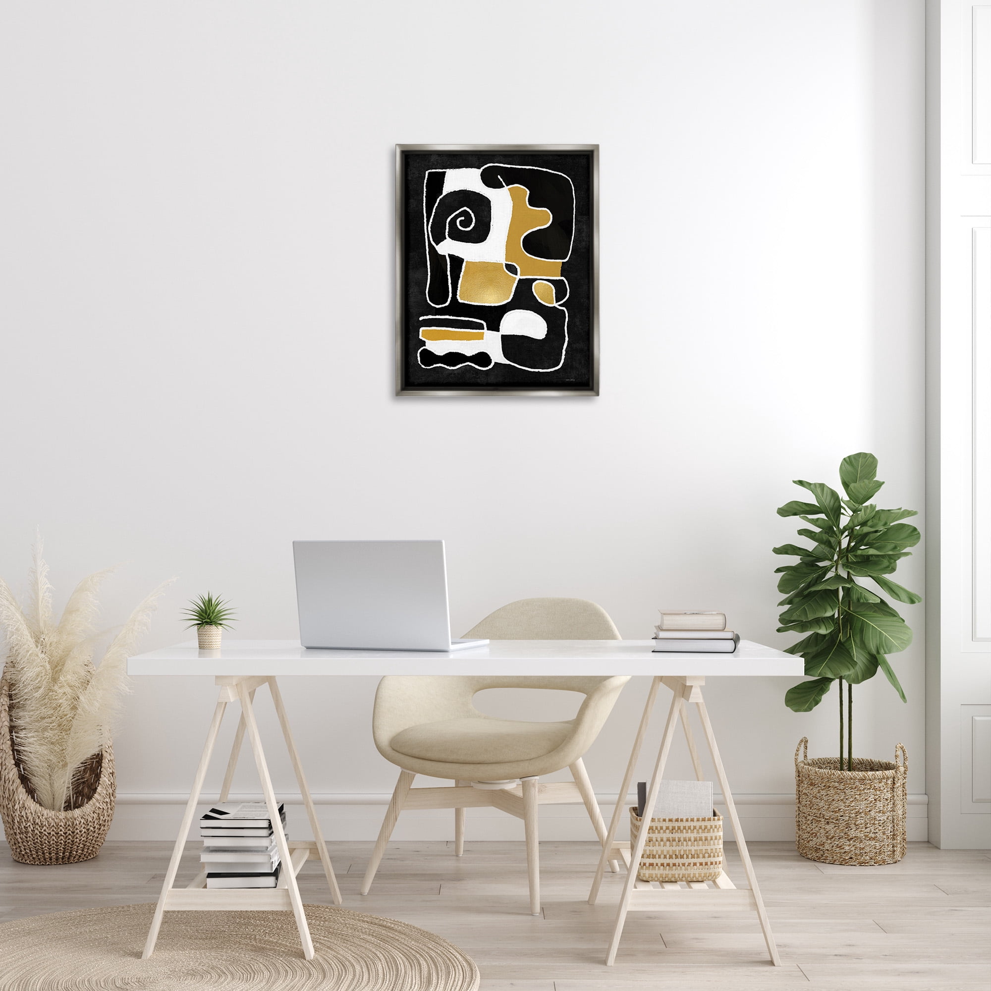 Stupell Industries Black & Glam Squiggles Abstract Painting Gray Floater Framed Canvas Art Print Wall Art, 25 x 31