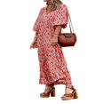 thumbnail image 2 of Robe Longue Bohème à Imprimé Géométrique pour Femmes, Col en V, Manches Longues Bouffantes, Robe Ample à Volants pour l'Été, Orange m, 2 of 8