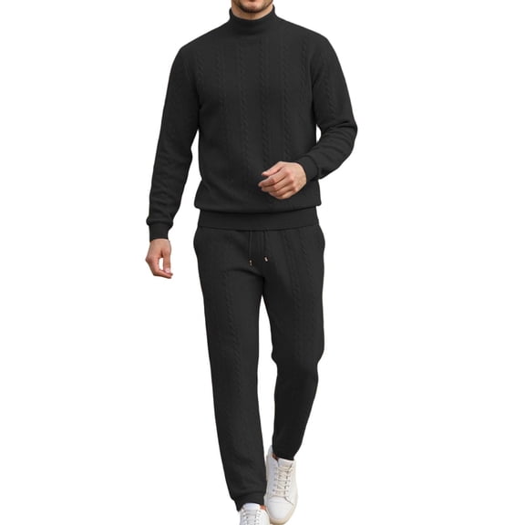 Sweatsuits Men 2 Piece Outfit Winter Knit Sweater Jacquard Pattern High Neck Warm Pullover And Pants Casual Outfit