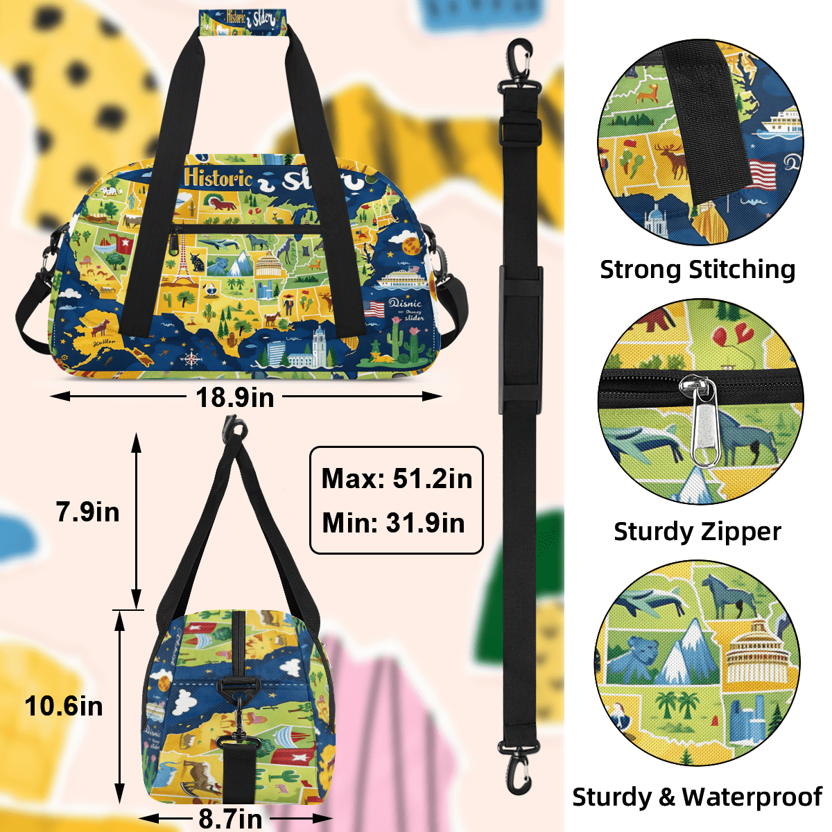 Herdesigns Map of The United States Sports Duffle Bag for Women & Men, Animals Theme Gym Bag Dance Bag Overnight Bag Carry On Weekender Travel Bag