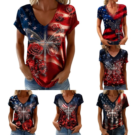 250 Anniversary Usa Shirt Summer Tops for Women Graphic Tees Stylish Printed Short Sleeve Round Neck Comfortable Casual Daily Everyday Wear