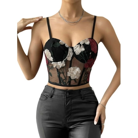 

Floral Embroidery Bustiers Crop Tops Women Spaghetti Strap Mesh Sheer Corsets Camis Vintage Tank Party Club Mini Vest