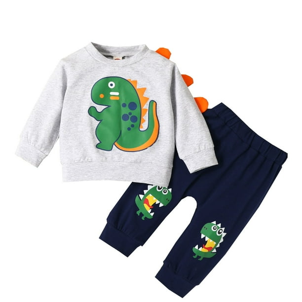 Gibobby Conjunto de pants para niño Bebé Niños niñas manga larga dibujos animados dinosaurio estampado estampados pulóver Tops pantalones trajes(Gris,18-24 Meses)