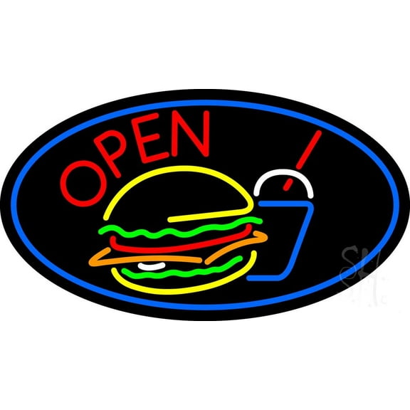 Burger And Drink Open Oval LED Neon Sign 20 x 37 - inches, Black Square Cut Acrylic Backing, with Dimmer - Bright and Premium built indoor LED Neon Sign for restaurant window and interior decor.