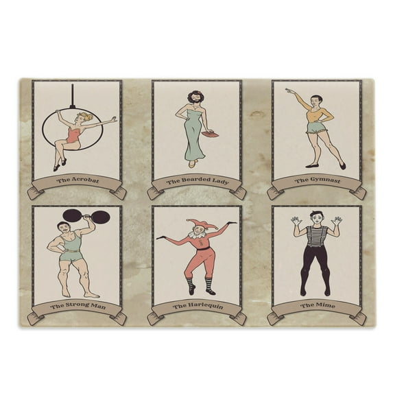 Circus Cutting Board, Vintage Circus Characters Acrobat Bearded Lady Gymnast Strong Man Harlequin Mime, Decorative Tempered Glass Cutting and Serving Board, Large Size, Pink Beige, by Ambesonne