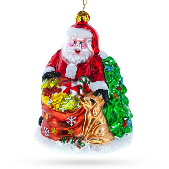 Santa with Puppy and Christmas Tree Glass Christmas Ornament