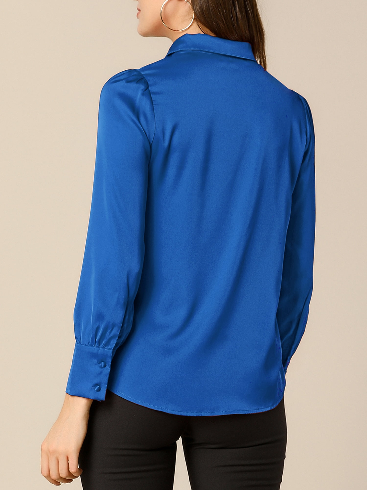 DARING DIVA Women's Satin Blouse Puff Long Sleeve Collared Button Down Shirt M Royal Blue