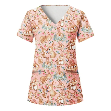 

XHJUN Womens Scrub Tops Printed Easter Bunny Print Scrub Tops Short Sleeve V Neck with Pocket Pink S