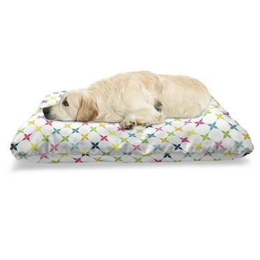 Colorful Pet Bed, Floral Stars Lattice and Plain Colored Rounds Modern and Vintage Design, Resistant Pad for Dogs and Cats Cushion with Removable Cover, 24" x 39", White and Multicolor, by Ambesonne