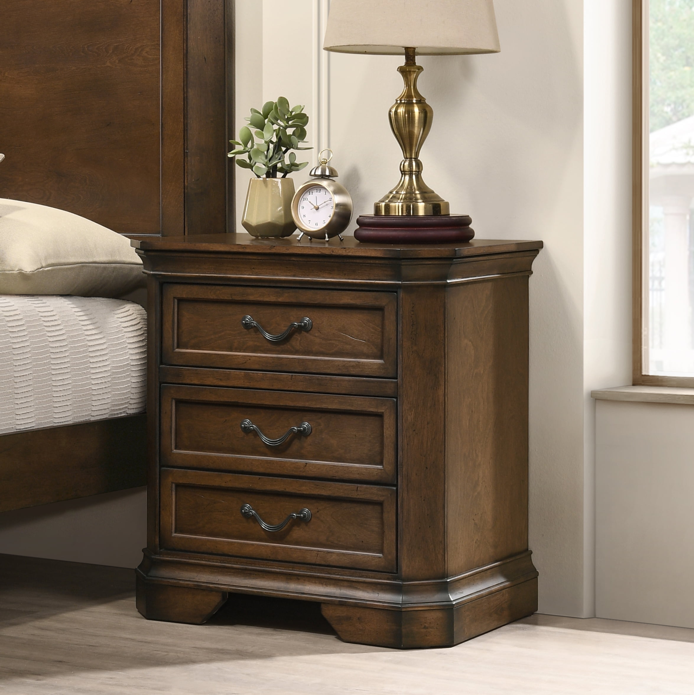 Maderne Traditional Wood 3Drawer Nightstand, Antique Walnut Finish