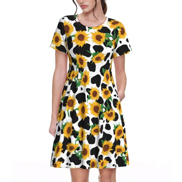 Balery Cute Cow Print Sunflower C Vestidos sueltos de manga corta para mujer, vestidos de verano 2025, vestidos casuales de corte A con vuelo.