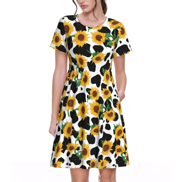 Balery Cute Cow Print Sunflower C Vestidos sueltos de manga corta para mujer, vestidos de verano 2025, vestidos casuales de corte A con vuelo.