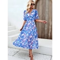 thumbnail image 5 of Women Sundress Summer Floral Short Sleeve Wrap V Neck A-Line Midi Dress Blue M, 5 of 9