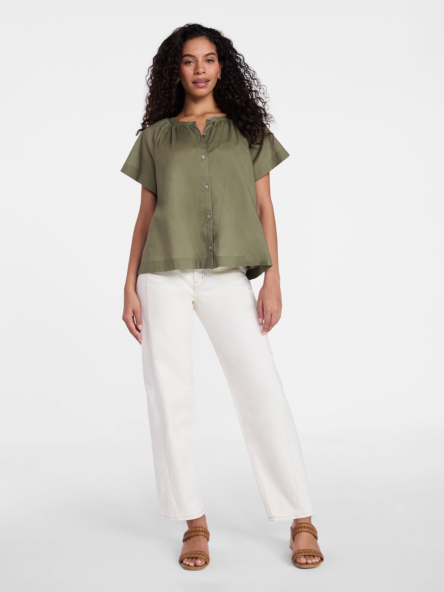 Time and Tru Women's Cotton Button Up Blouse with Short Sleeves, Sizes XS-XXXL