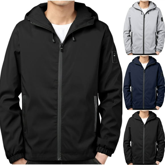 Sentmoon Running Jacket Solid Color Long Sleeve Hooded Neck Coats Oversized Zipper Windbreaker Waterproof Men Clothing with Pockets Fall and Winter Trendy for Travel and Hiking Black XXL