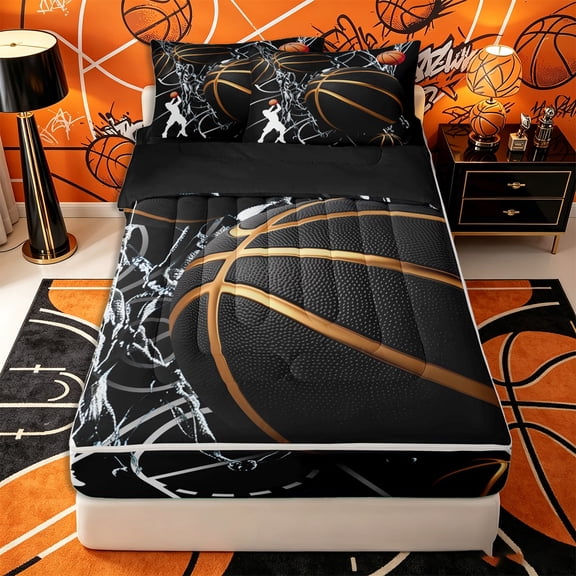 Castle Fairy Basketball Print Zipper Twin Comforter Sets with Fitted Sheet and 2 Pillowcases, Hoop Silhouette Pattern Zipper Bedding Set, Black Gold White,4-Piece,Black Reversible
