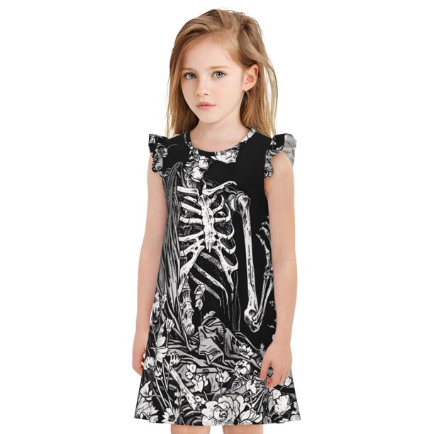 Fotbe Gothic Skull Floral Art Vestido de Dormir para Niñas de 3 a 10 Años, Mangas Cortas, Estilo Princesa, Pijama Camisón con Mangas Voladas-Medium