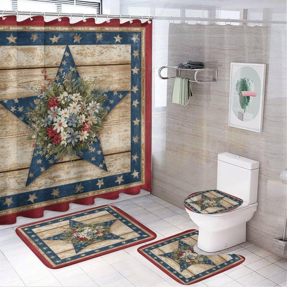 4PCS Western Farmhouse Shower Curtain Set with Rugs, Non-Slip Bath Mat & Toilet Cover, Waterproof Skull Rustic Cowboy Boots Hat Bathroom Set Decor