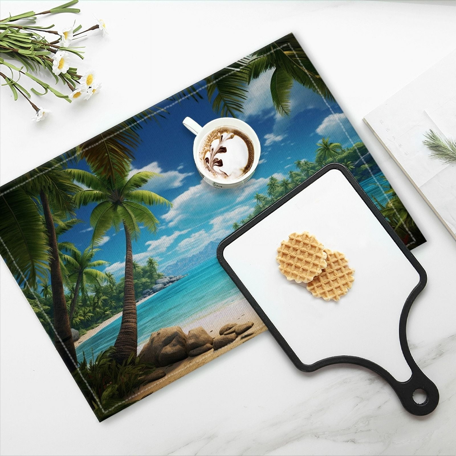 BaHomeck placemats Set of 4 Stunning Tropical Beach Scene With Palm Trees Cotton Linen rectangle Placemats for Kitchen Dining Table Indoor,Outdoor,18*12inch