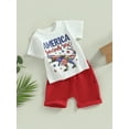 thumbnail image 3 of Wassery Kids Boys Girls Short Sets 2Pcs 4th of July Toddle Independence Day Outfits Dinosaur Print Short Sleeve Crew Neck T-shirt and Solid/Striped Shorts Summer Casual Clothes 0-3T, 3 of 8